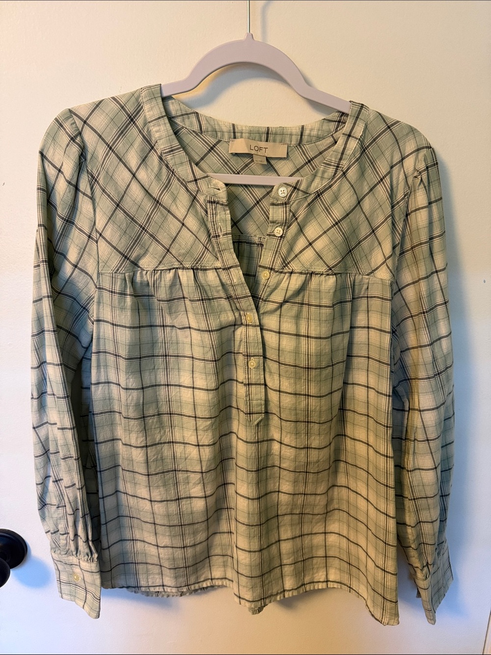 LOFT Green Plaid Button-Front Peasant Blouse